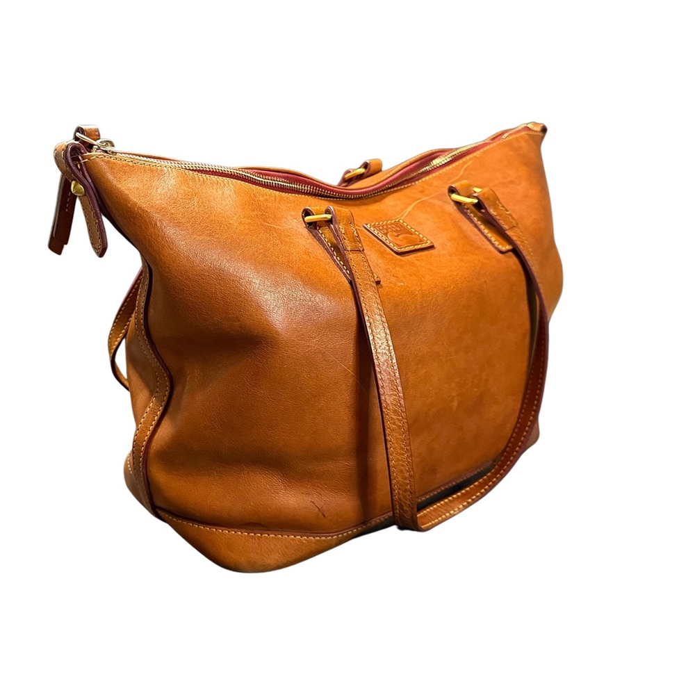 Large Elegant Camel Baseball Leather Dooney & Bourke Tote Bag - Picture 2 of 6